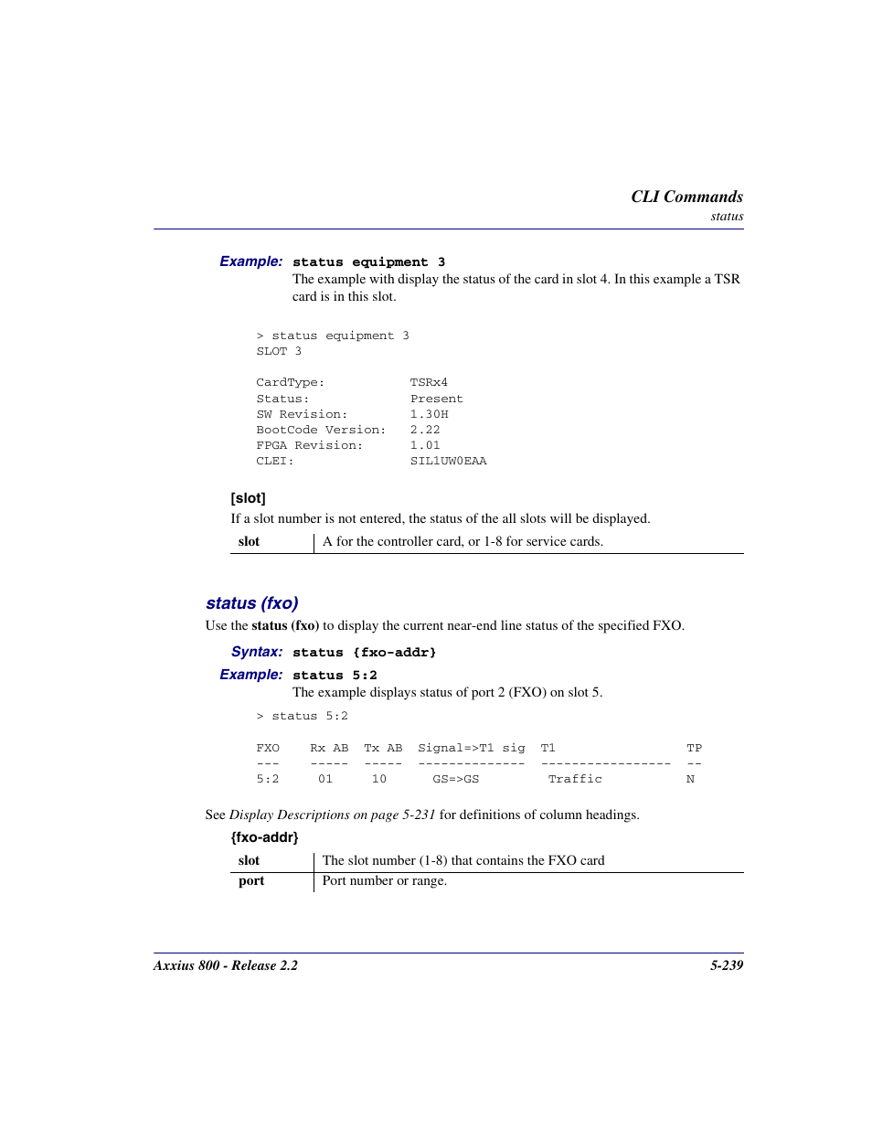 Status (fxo), Status (fxo) -239 | Carrier Access Network Device Axxius 800 User Manual | Page 339 / 568