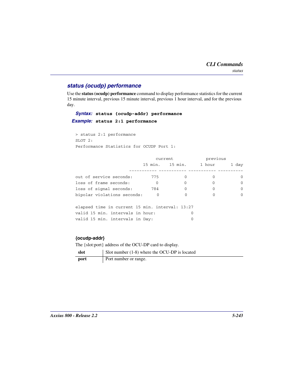 Status (ocudp) performance, Status (ocudp) performance -243 | Carrier Access Network Device Axxius 800 User Manual | Page 343 / 568