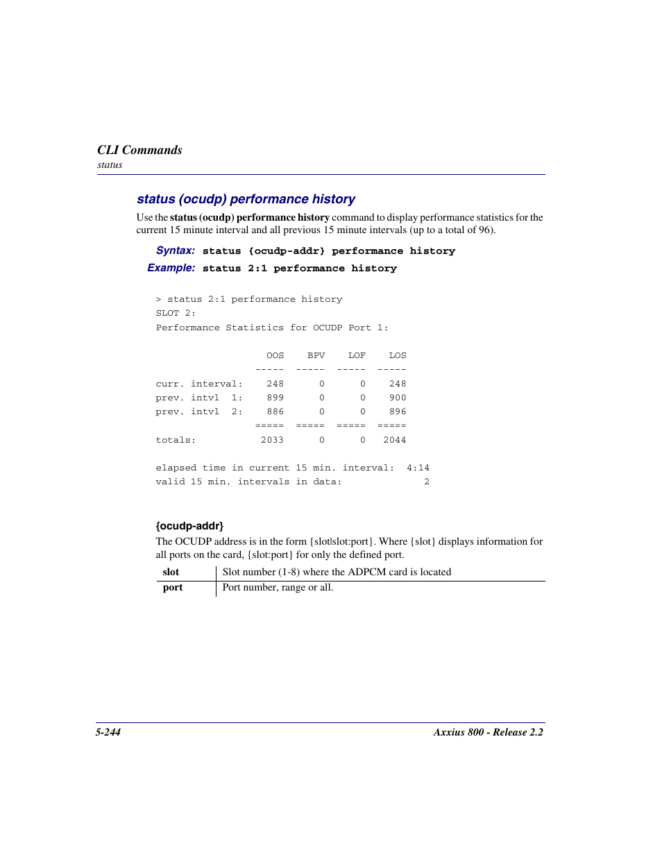 Status (ocudp) performance history, Status (ocudp) performance history -244 | Carrier Access Network Device Axxius 800 User Manual | Page 344 / 568