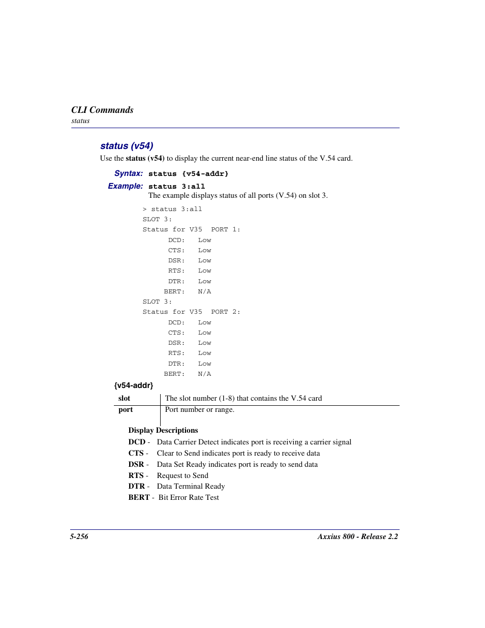 Status (v54), Status (v54) -256 | Carrier Access Network Device Axxius 800 User Manual | Page 356 / 568