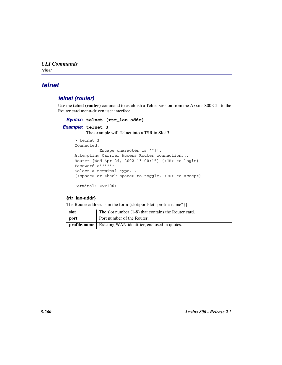 Telnet, Telnet (router), Telnet -260 | Telnet (router) -260 | Carrier Access Network Device Axxius 800 User Manual | Page 360 / 568