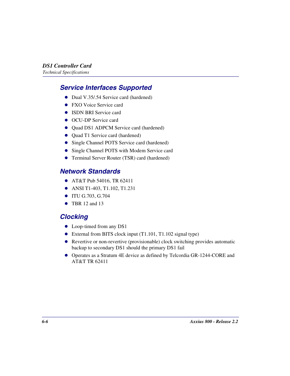 Service interfaces supported, Network standards, Clocking | Carrier Access Network Device Axxius 800 User Manual | Page 368 / 568