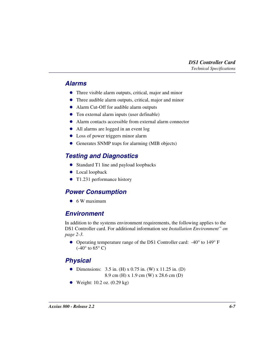 Alarms, Testing and diagnostics, Power consumption | Environment, Physical | Carrier Access Network Device Axxius 800 User Manual | Page 369 / 568