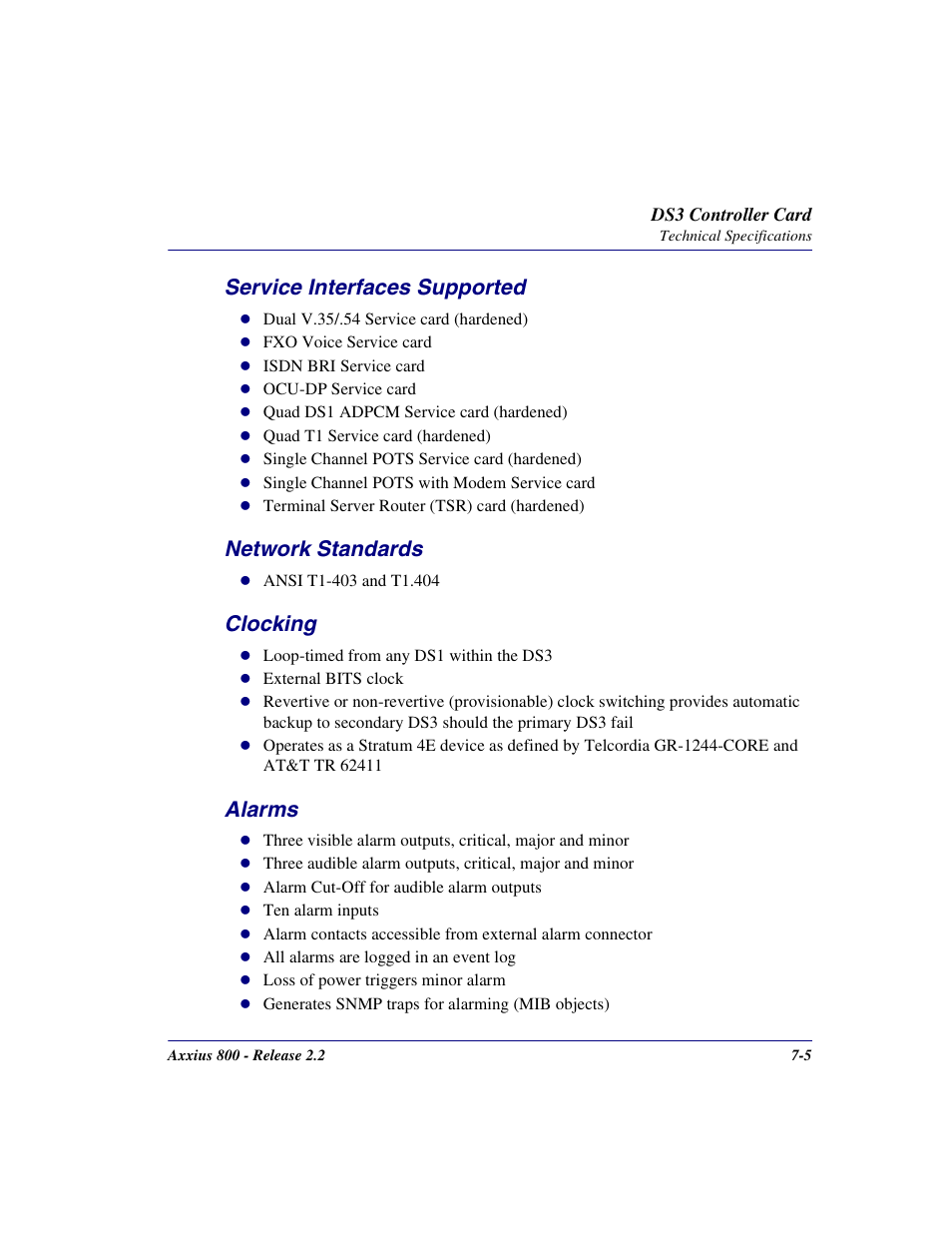Service interfaces supported, Network standards, Clocking | Alarms, Clocking -5 alarms -5 | Carrier Access Network Device Axxius 800 User Manual | Page 377 / 568