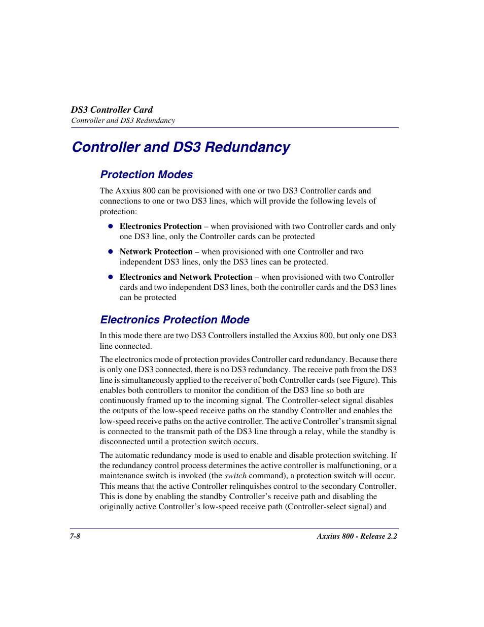 Controller and ds3 redundancy, Protection modes, Electronics protection mode | Controller and ds3 redundancy -8, Protection modes -8 electronics protection mode -8 | Carrier Access Network Device Axxius 800 User Manual | Page 380 / 568