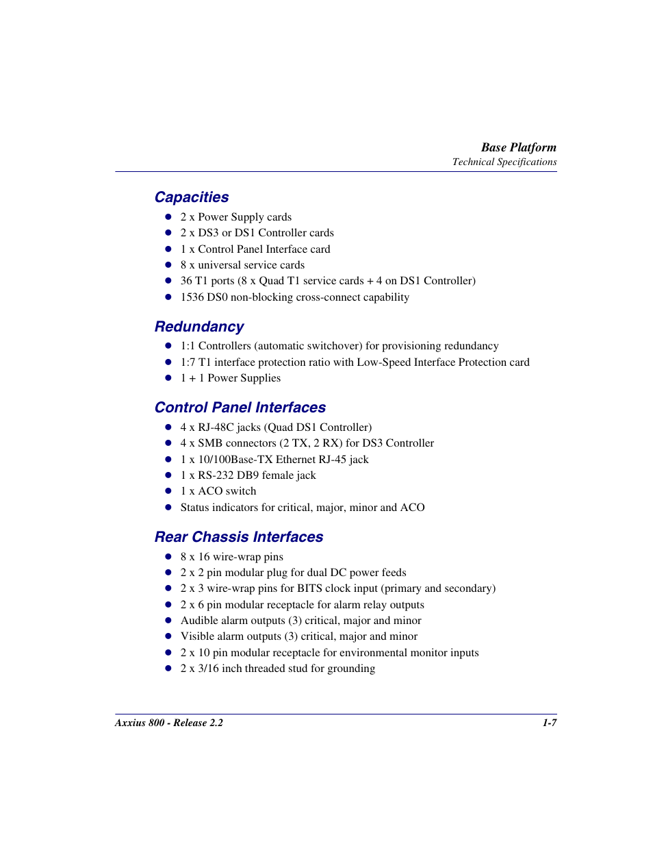 Capacities, Redundancy, Control panel interfaces | Rear chassis interfaces | Carrier Access Network Device Axxius 800 User Manual | Page 39 / 568