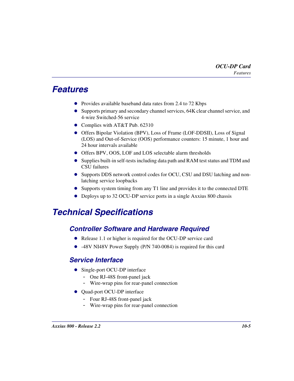 Features, Technical specifications, Controller software and hardware required | Service interface, Features -5 technical specifications -5 | Carrier Access Network Device Axxius 800 User Manual | Page 405 / 568