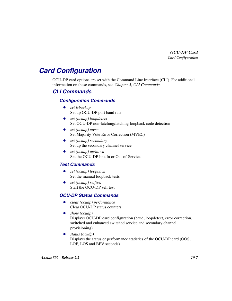 Card configuration, Cli commands, Card configuration -7 | Cli commands -7 | Carrier Access Network Device Axxius 800 User Manual | Page 407 / 568