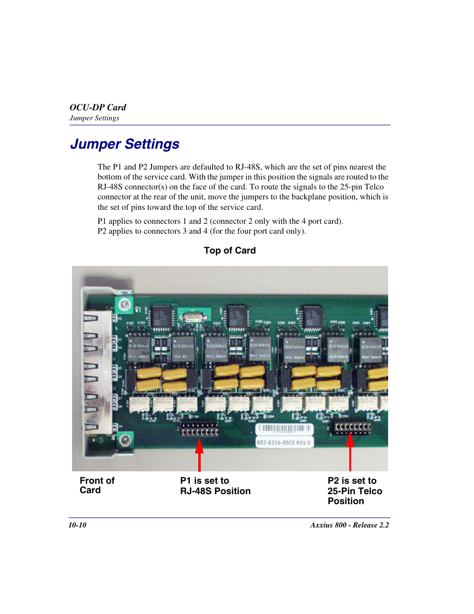Jumper settings, Jumper settings -10 | Carrier Access Network Device Axxius 800 User Manual | Page 410 / 568