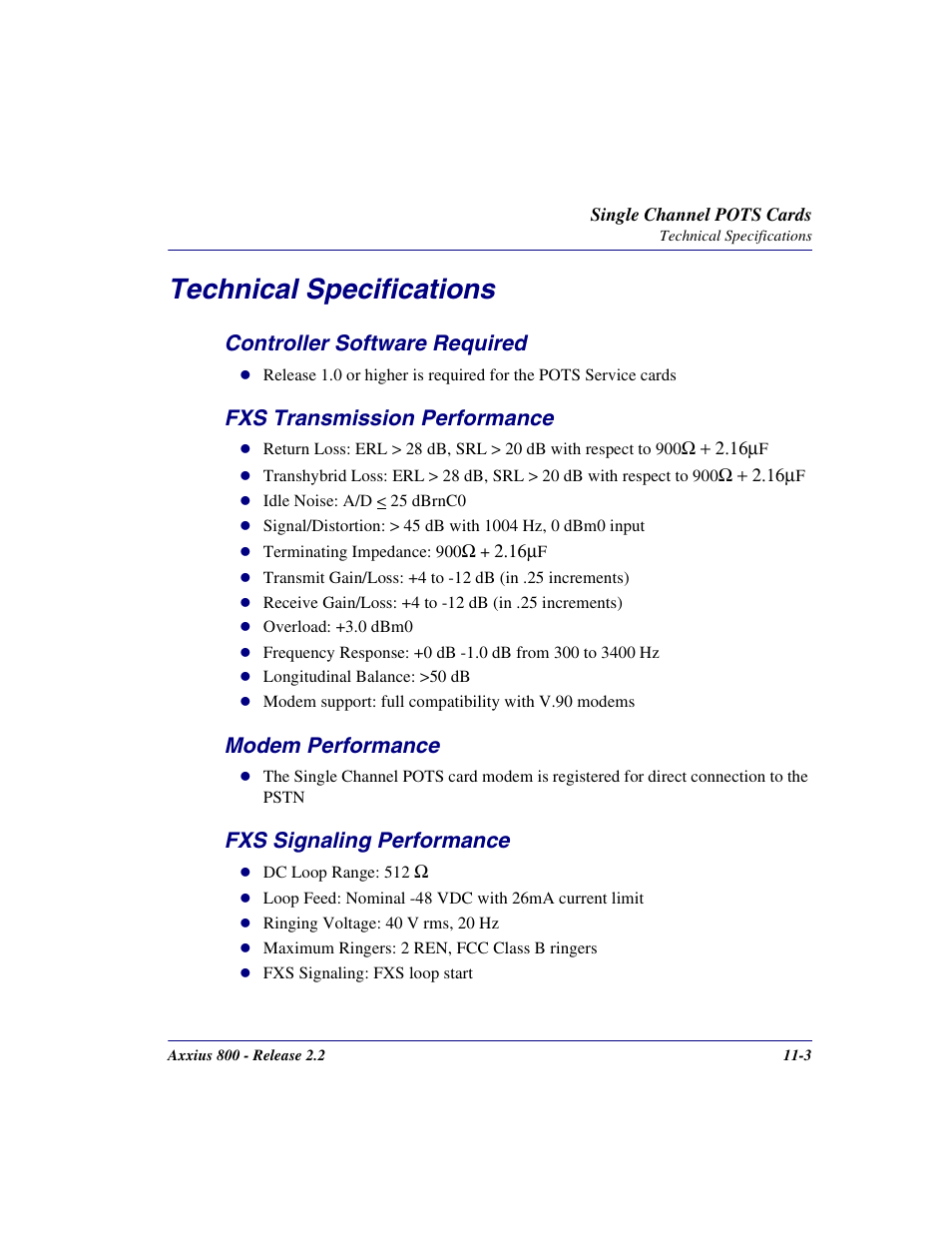 Technical specifications, Controller software required, Fxs transmission performance | Modem performance, Fxs signaling performance, Technical specifications -3 | Carrier Access Network Device Axxius 800 User Manual | Page 417 / 568
