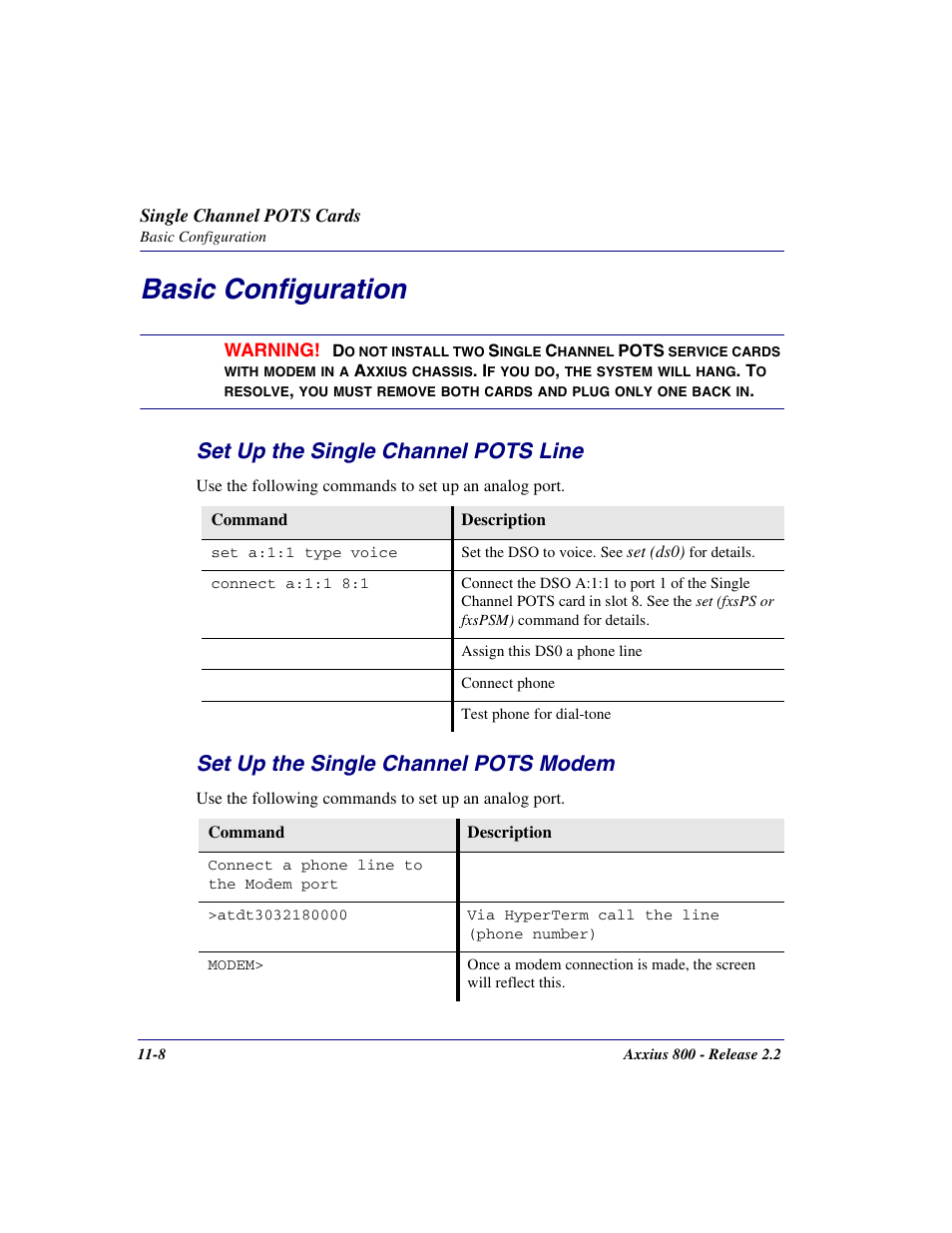 Basic configuration, Set up the single channel pots line, Set up the single channel pots modem | Basic configuration -8 | Carrier Access Network Device Axxius 800 User Manual | Page 422 / 568