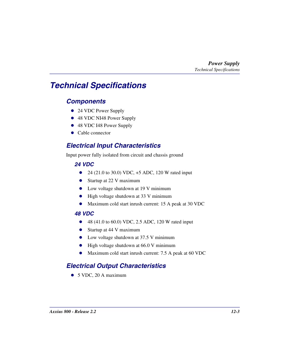 Technical specifications, Components, Electrical input characteristics | Electrical output characteristics, Technical specifications -3 | Carrier Access Network Device Axxius 800 User Manual | Page 425 / 568