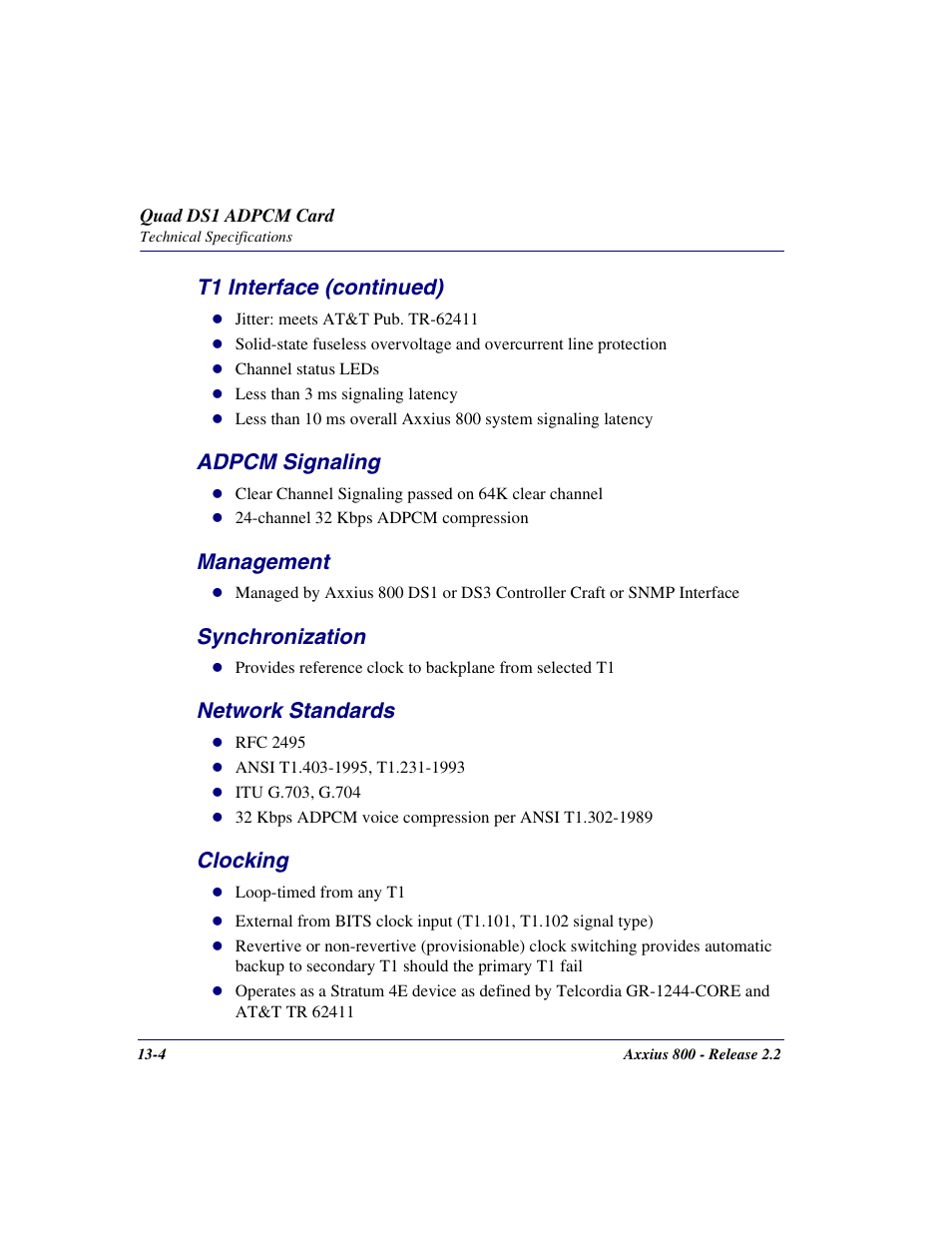 T1 interface (continued), Adpcm signaling, Management | Synchronization, Network standards, Clocking | Carrier Access Network Device Axxius 800 User Manual | Page 434 / 568