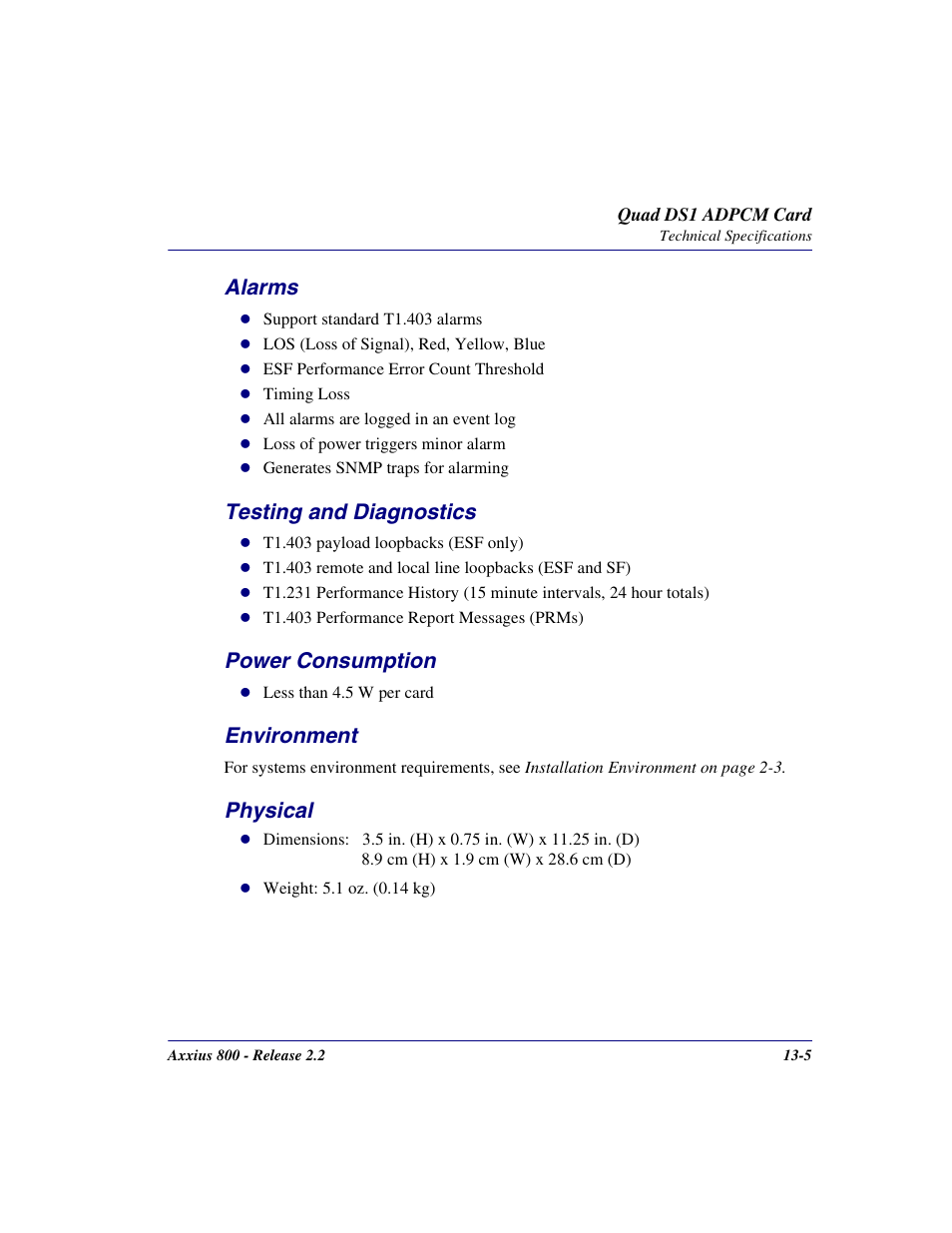 Alarms, Testing and diagnostics, Power consumption | Environment, Physical | Carrier Access Network Device Axxius 800 User Manual | Page 435 / 568