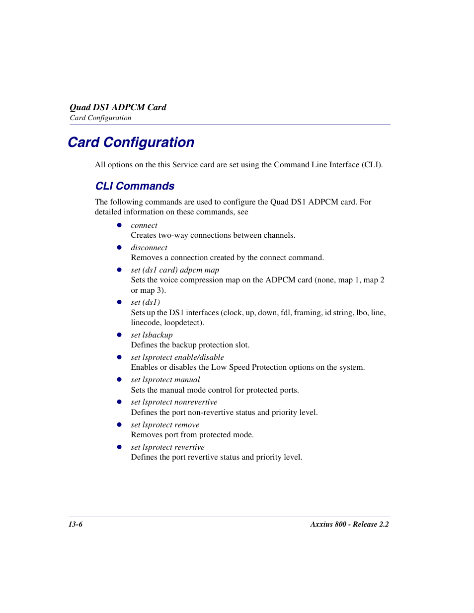 Card configuration, Cli commands, Card configuration -6 | Cli commands -6 | Carrier Access Network Device Axxius 800 User Manual | Page 436 / 568