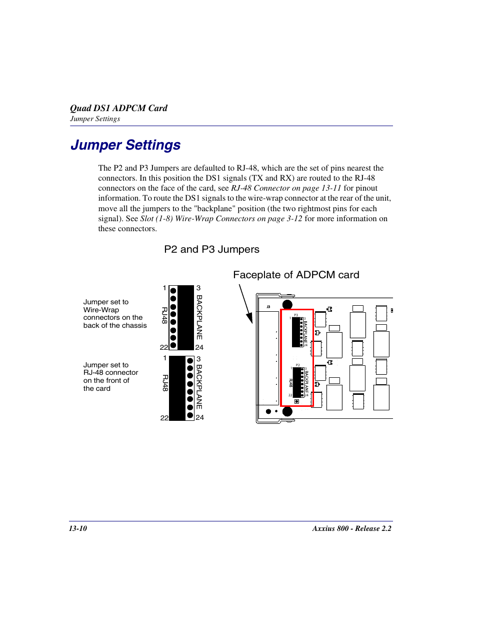 Jumper settings, Jumper settings -10, P2 and p3 jumpers faceplate of adpcm card | Quad ds1 adpcm card | Carrier Access Network Device Axxius 800 User Manual | Page 440 / 568