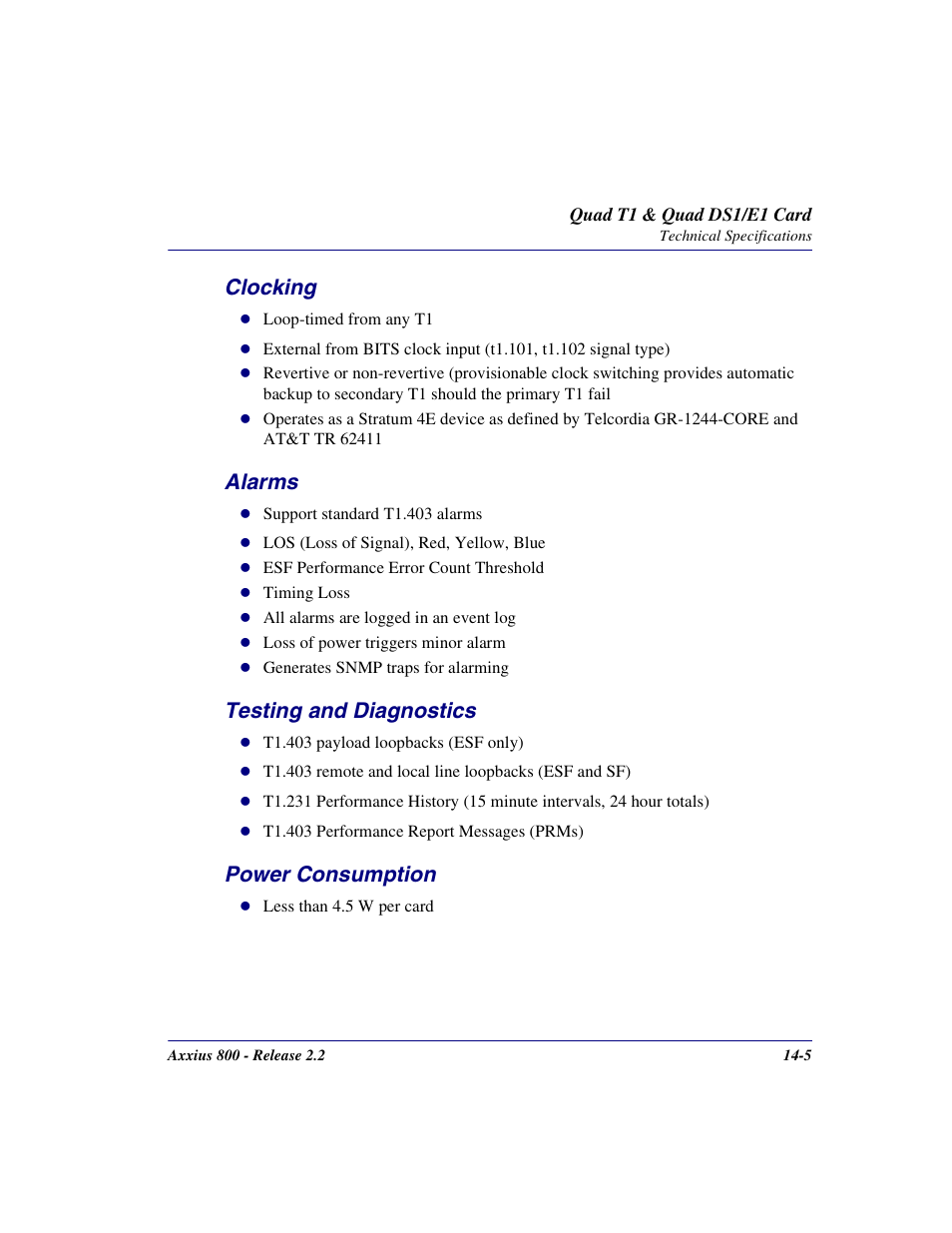 Clocking, Alarms, Testing and diagnostics | Power consumption | Carrier Access Network Device Axxius 800 User Manual | Page 447 / 568