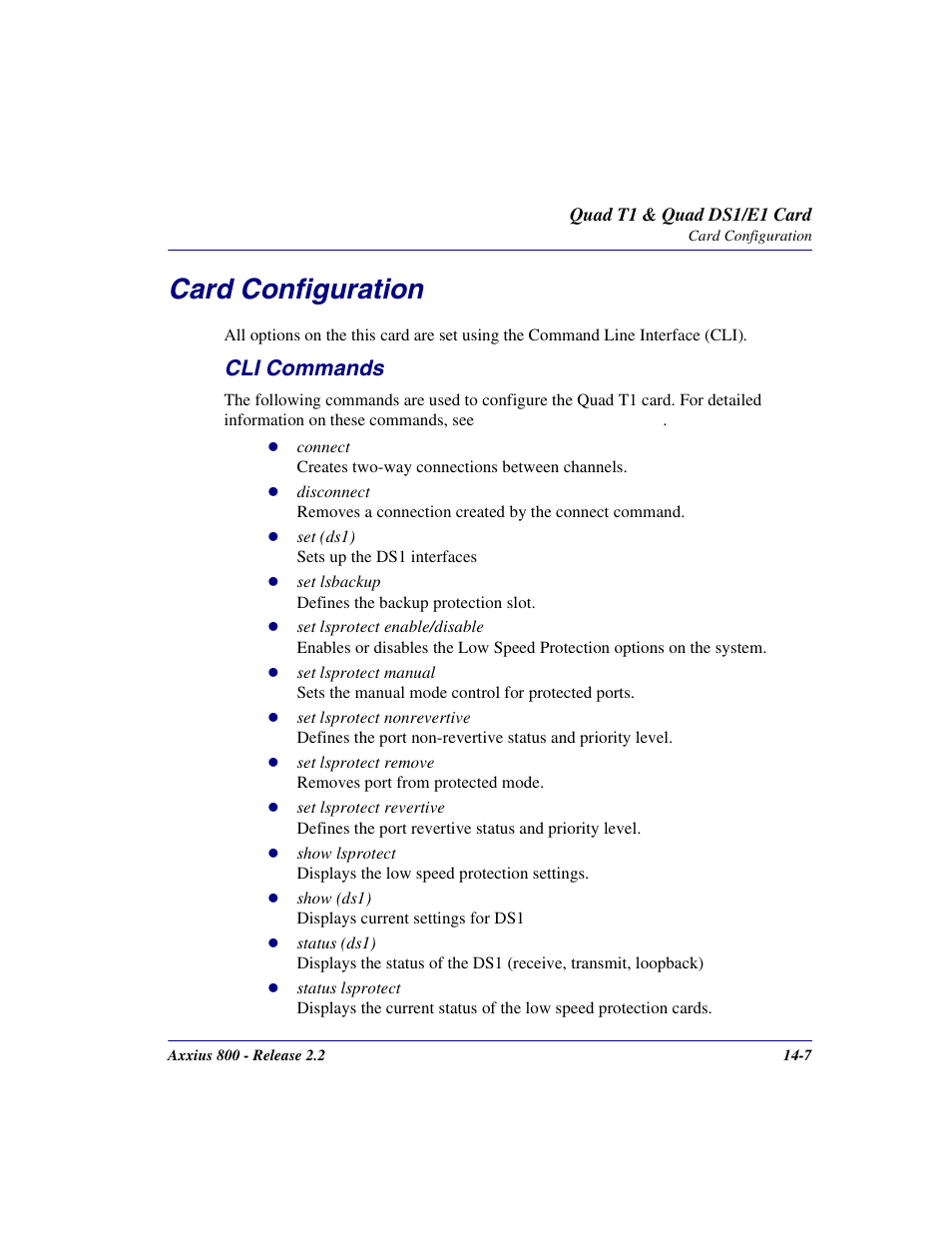 Card configuration, Cli commands, Card configuration -7 | Cli commands -7 | Carrier Access Network Device Axxius 800 User Manual | Page 449 / 568