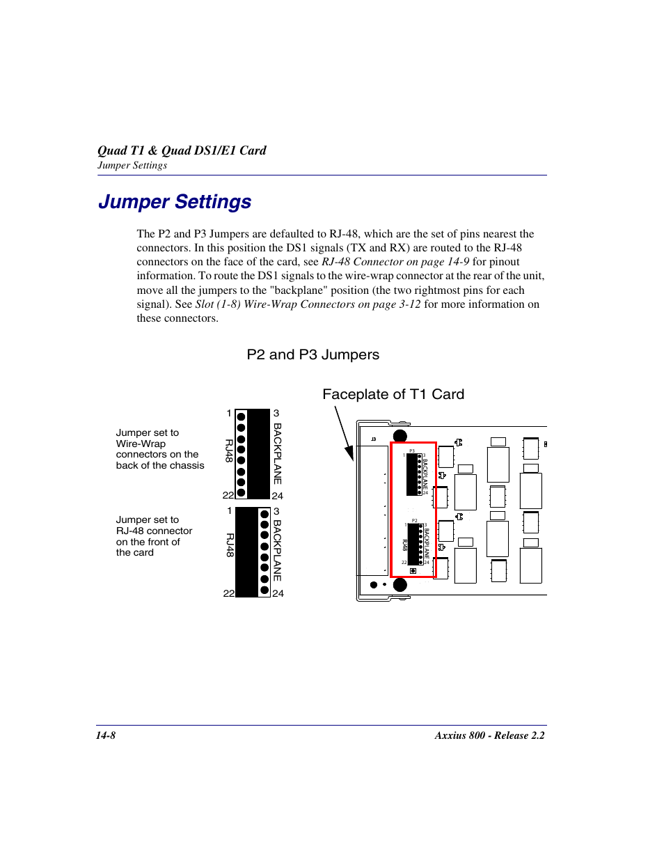 Jumper settings, Jumper settings -8, P2 and p3 jumpers faceplate of t1 card | Quad t1 & quad ds1/e1 card | Carrier Access Network Device Axxius 800 User Manual | Page 450 / 568