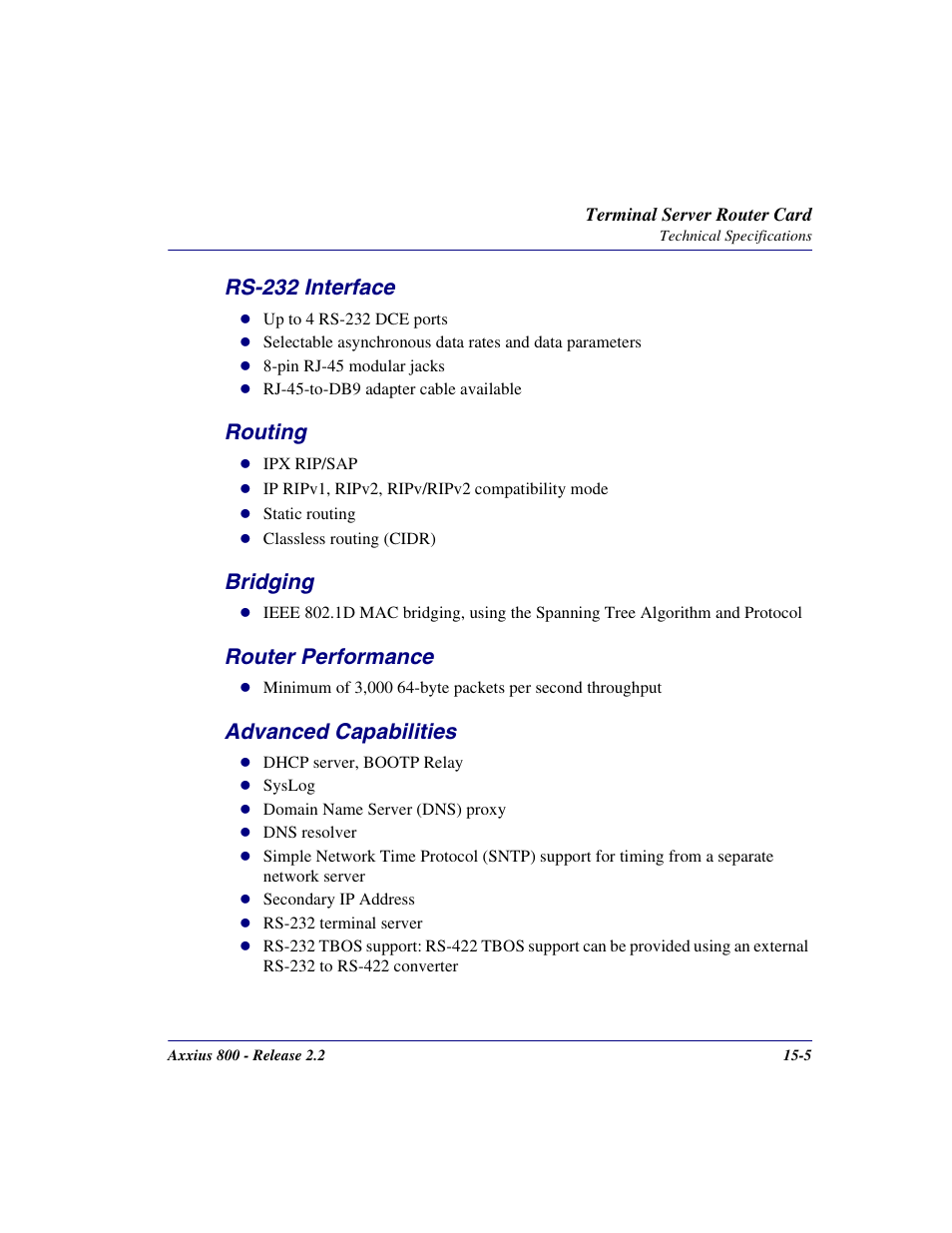 Rs-232 interface, Routing, Bridging | Router performance, Advanced capabilities | Carrier Access Network Device Axxius 800 User Manual | Page 457 / 568