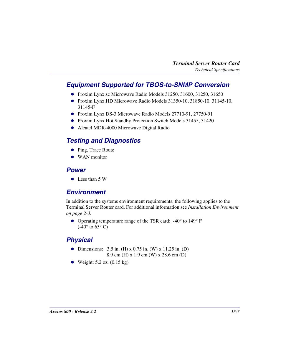 Equipment supported for tbos-to-snmp conversion, Testing and diagnostics, Power | Environment, Physical | Carrier Access Network Device Axxius 800 User Manual | Page 459 / 568