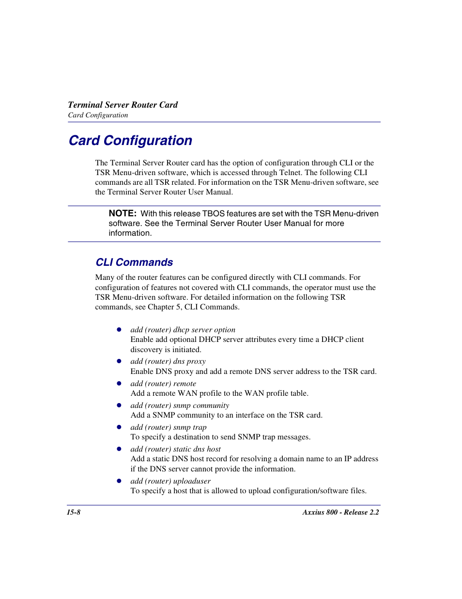 Card configuration, Cli commands, Card configuration -8 | Cli commands -8 | Carrier Access Network Device Axxius 800 User Manual | Page 460 / 568
