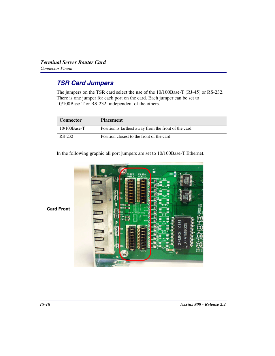 Tsr card jumpers, Tsr card jumpers -18 | Carrier Access Network Device Axxius 800 User Manual | Page 470 / 568
