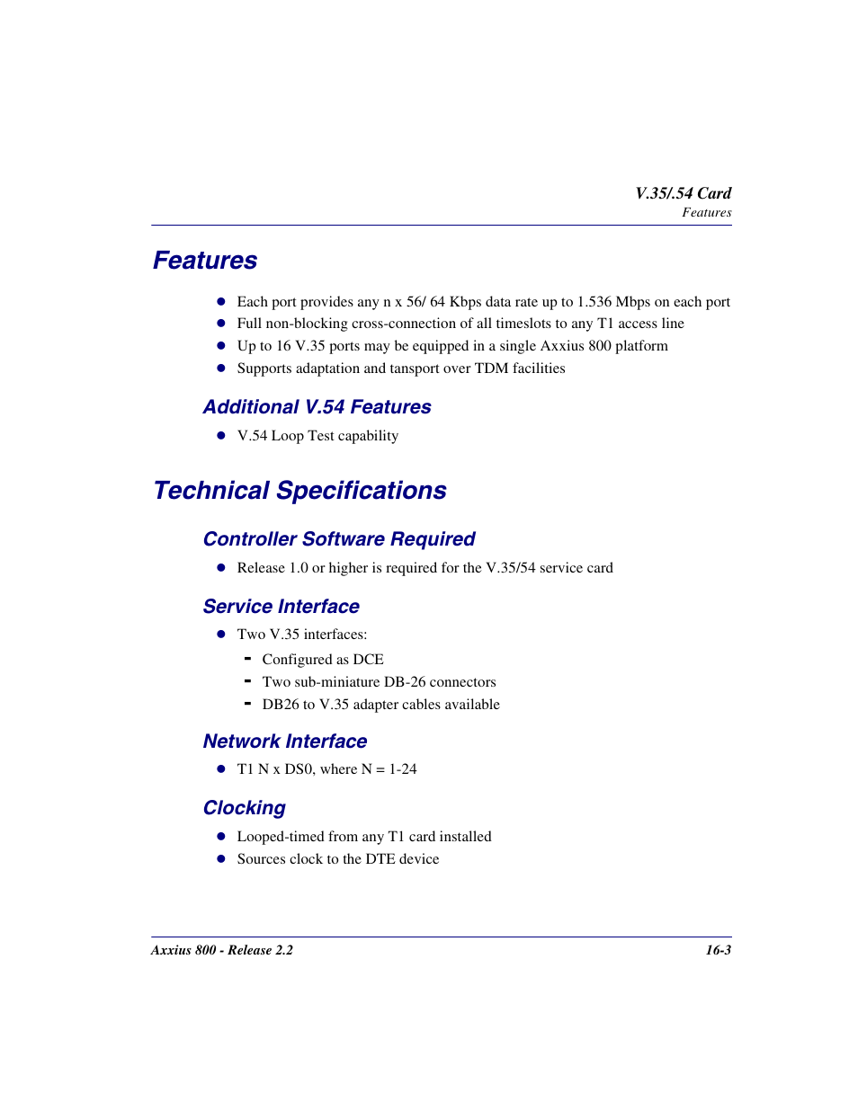 Features, Additional v.54 features, Technical specifications | Controller software required, Service interface, Network interface, Clocking, Features -3, Additional v.54 features -3, Technical specifications -3 | Carrier Access Network Device Axxius 800 User Manual | Page 475 / 568