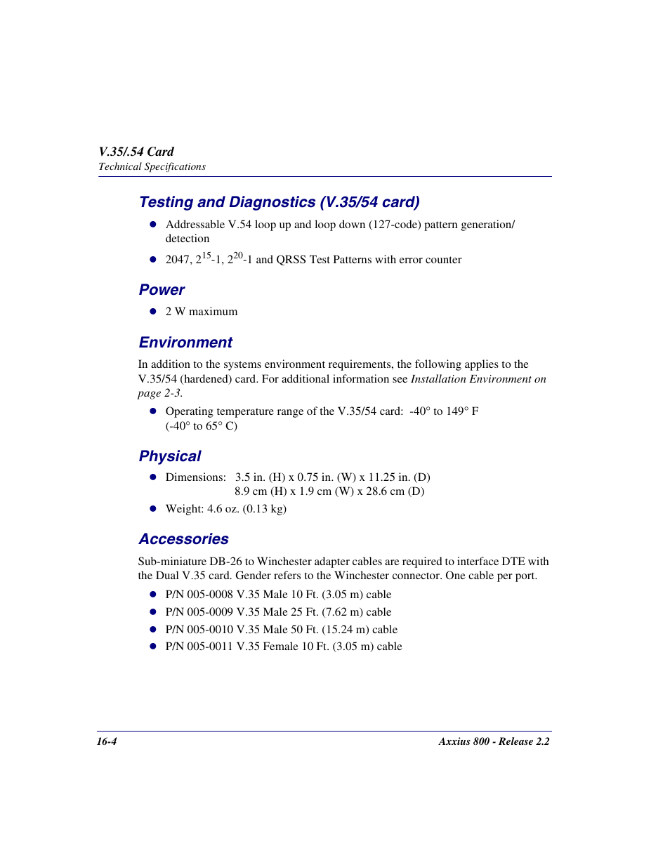 Testing and diagnostics (v.35/54 card), Power, Environment | Physical, Accessories | Carrier Access Network Device Axxius 800 User Manual | Page 476 / 568