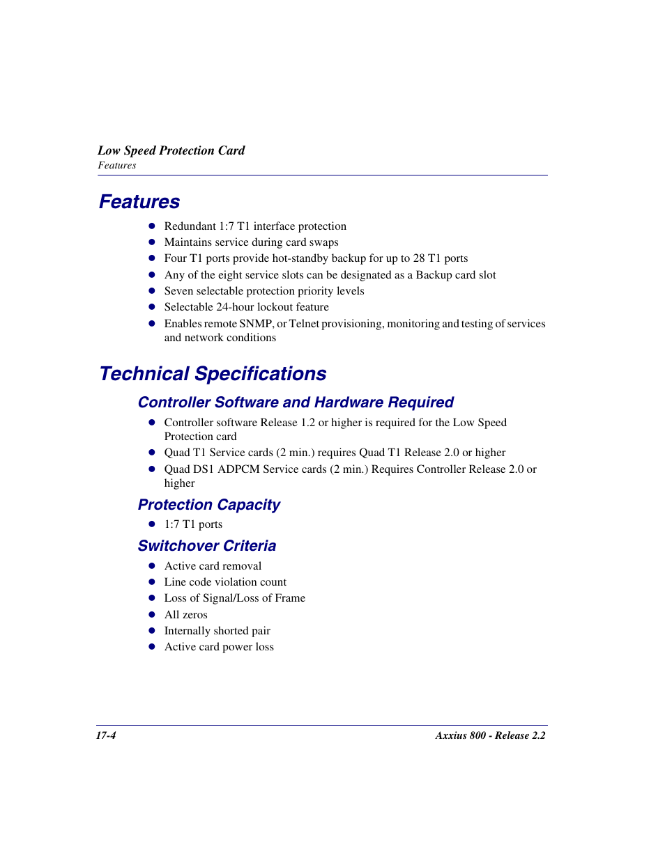 Features, Technical specifications, Controller software and hardware required | Protection capacity, Switchover criteria, Features -4 technical specifications -4 | Carrier Access Network Device Axxius 800 User Manual | Page 484 / 568