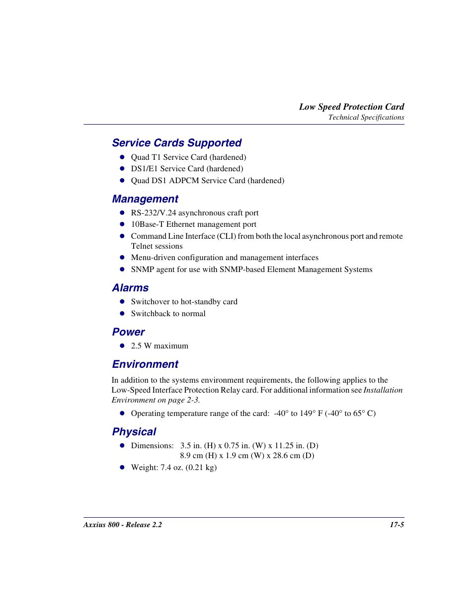 Service cards supported, Management, Alarms | Power, Environment, Physical, Service cards supported -5 management -5 alarms -5, Power -5 environment -5 physical -5 | Carrier Access Network Device Axxius 800 User Manual | Page 485 / 568