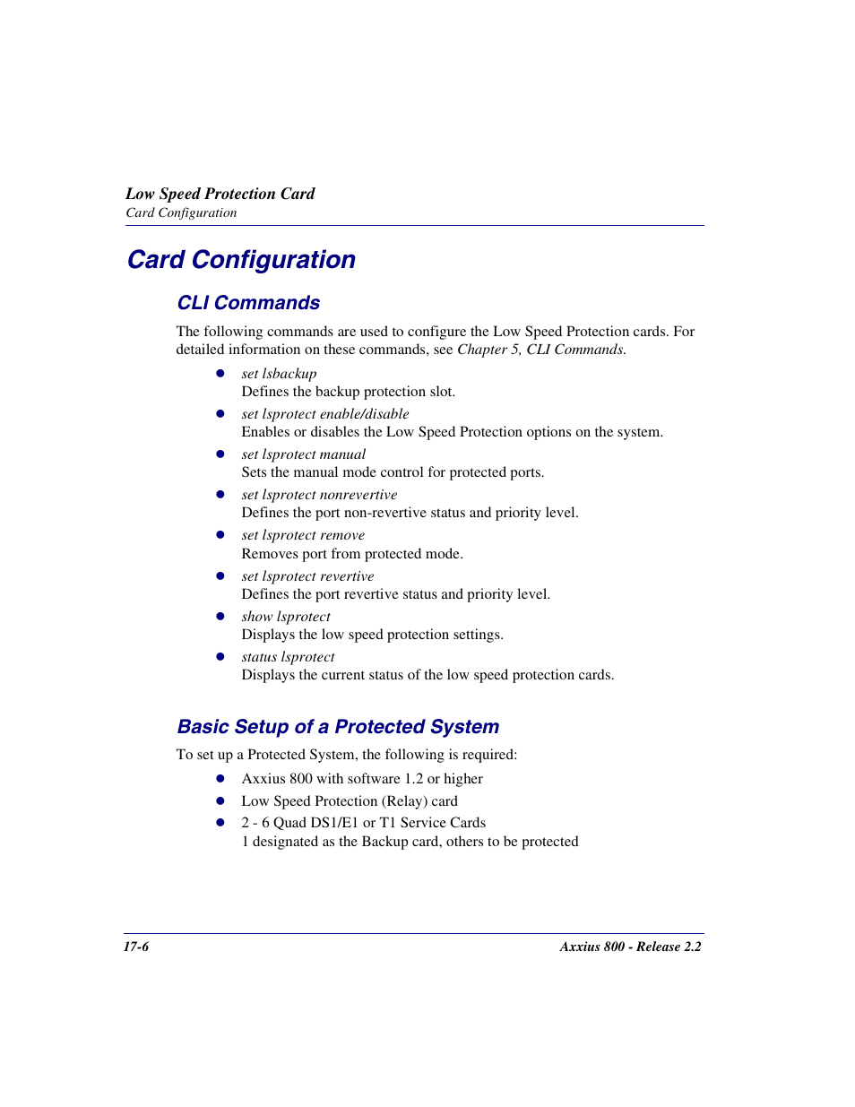 Card configuration, Cli commands, Basic setup of a protected system | Card configuration -6 | Carrier Access Network Device Axxius 800 User Manual | Page 486 / 568