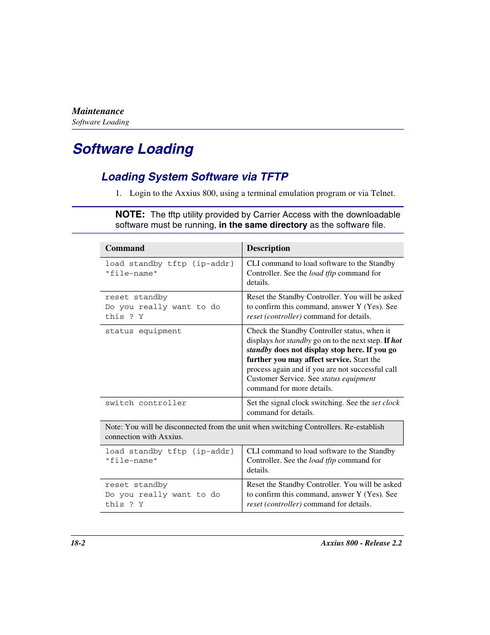 Software loading, Loading system software via tftp, Software loading -2 | Loading system software via tftp -2 | Carrier Access Network Device Axxius 800 User Manual | Page 490 / 568