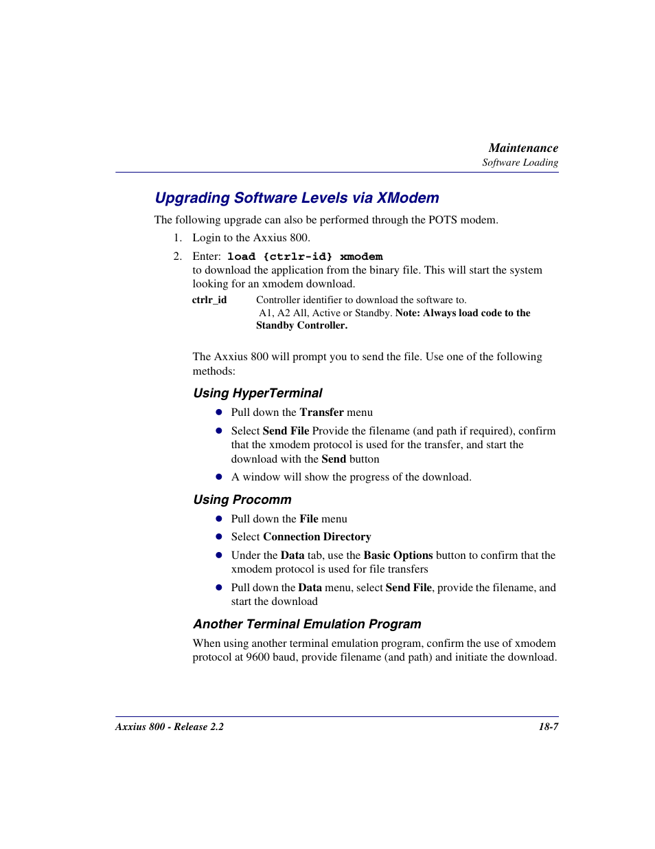 Upgrading software levels via xmodem, Upgrading software levels via xmodem -7 | Carrier Access Network Device Axxius 800 User Manual | Page 495 / 568