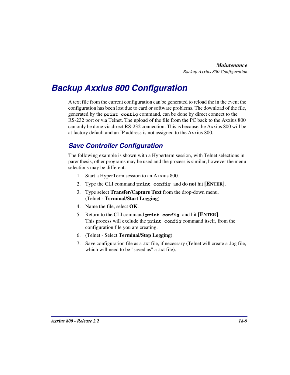 Backup axxius 800 configuration, Save controller configuration, Backup axxius 800 configuration -9 | Save controller configuration -9 | Carrier Access Network Device Axxius 800 User Manual | Page 497 / 568