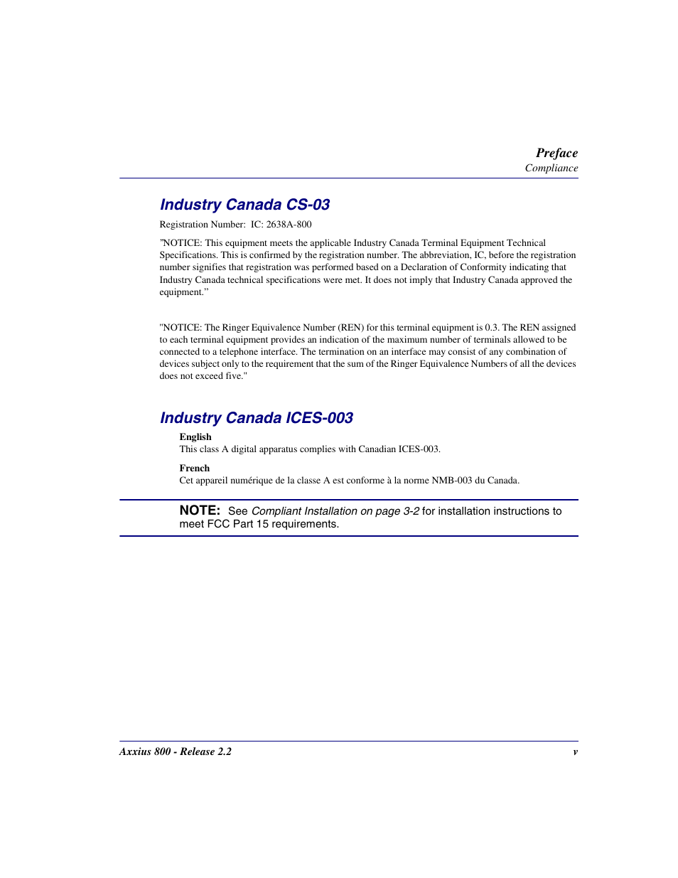 Industry canada cs-03, Industry canada ices-003 | Carrier Access Network Device Axxius 800 User Manual | Page 5 / 568