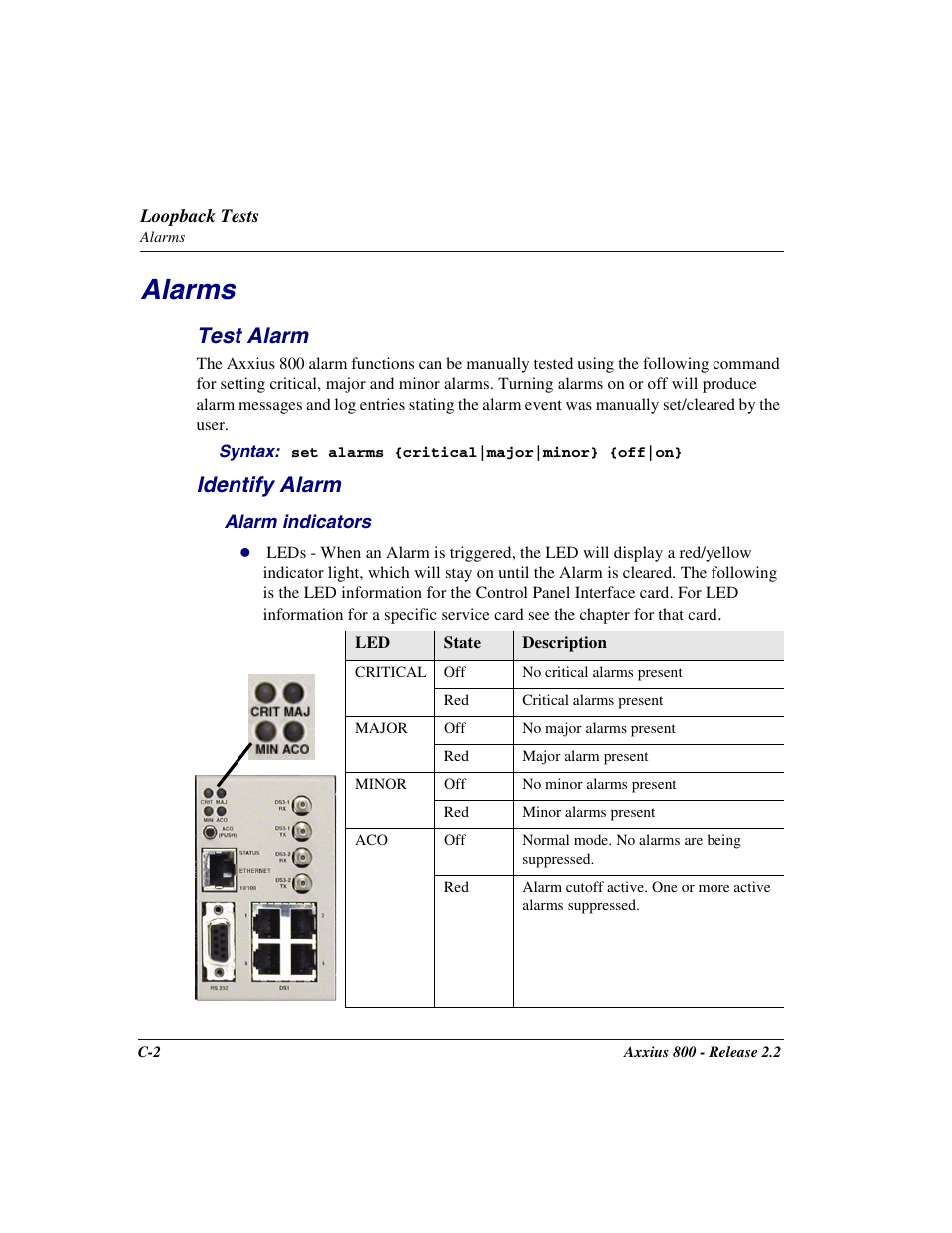 Alarms, Test alarm, Identify alarm | Carrier Access Network Device Axxius 800 User Manual | Page 512 / 568