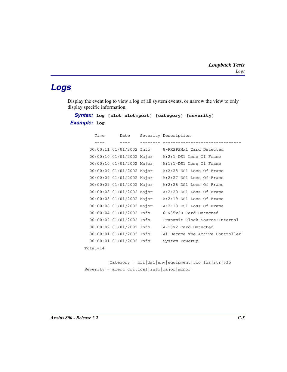 Logs | Carrier Access Network Device Axxius 800 User Manual | Page 515 / 568