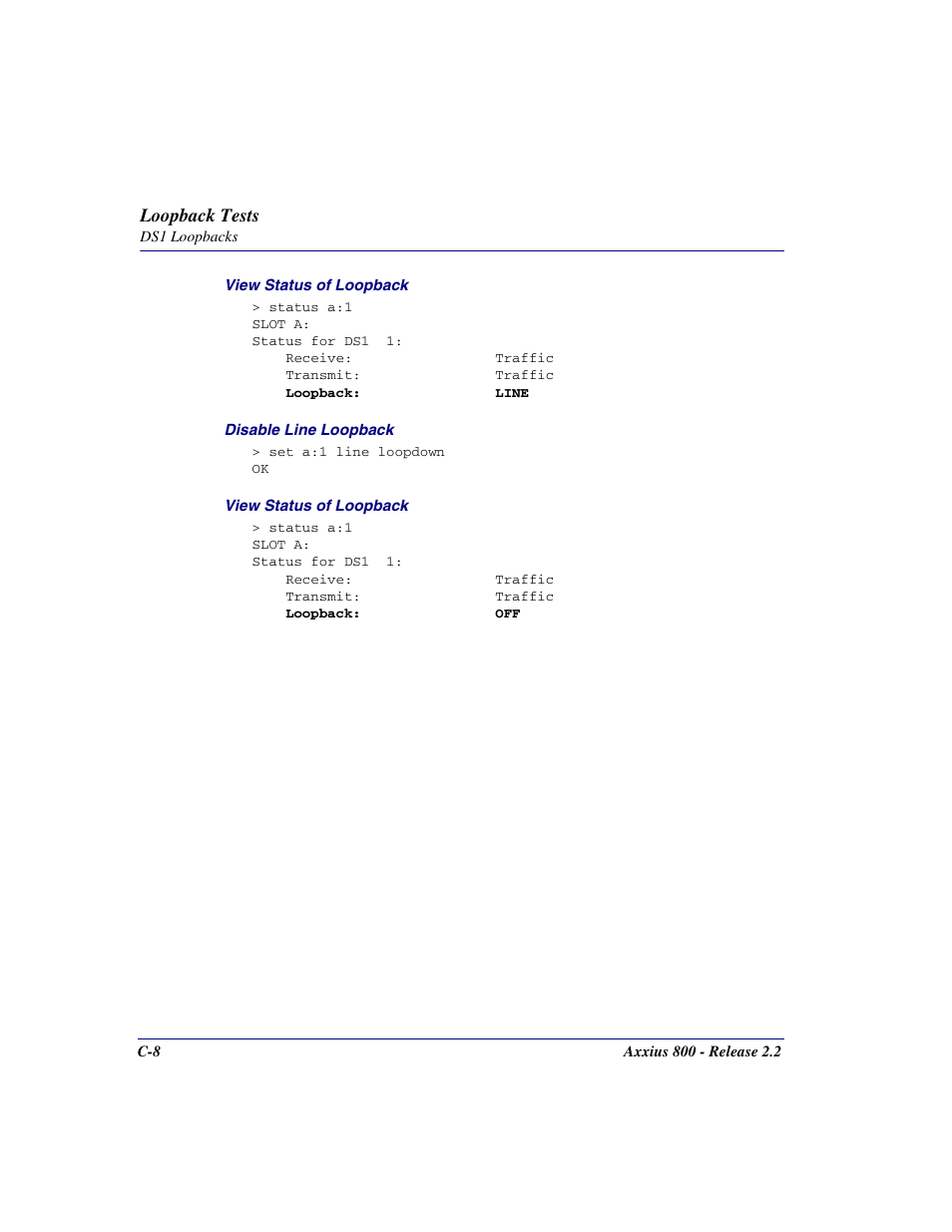 Loopback tests | Carrier Access Network Device Axxius 800 User Manual | Page 518 / 568