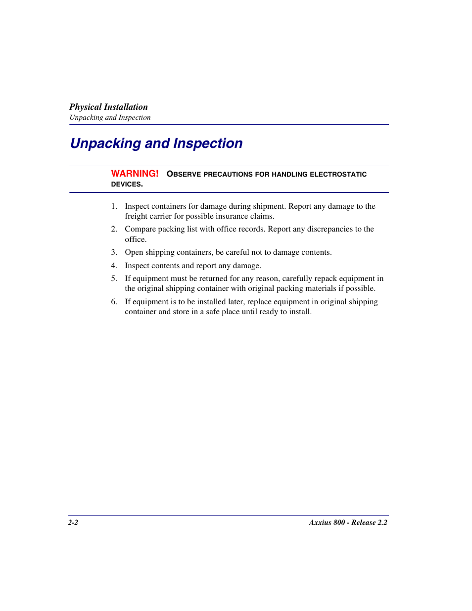 Unpacking and inspection, Unpacking and inspection -2 | Carrier Access Network Device Axxius 800 User Manual | Page 52 / 568
