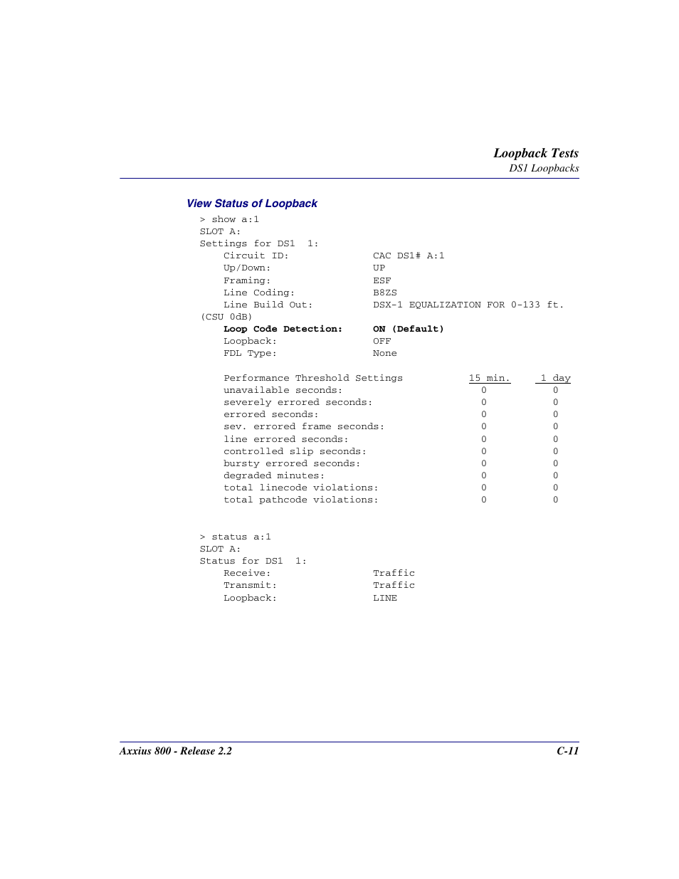 Loopback tests | Carrier Access Network Device Axxius 800 User Manual | Page 521 / 568