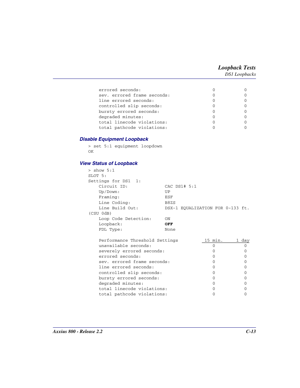 Loopback tests | Carrier Access Network Device Axxius 800 User Manual | Page 523 / 568