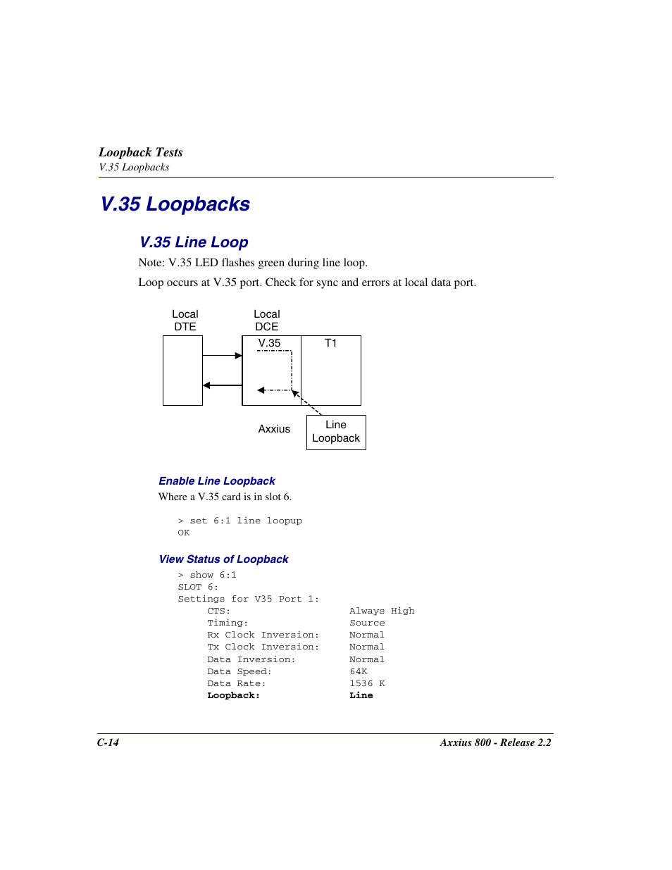 V.35 loopbacks, V.35 line loop | Carrier Access Network Device Axxius 800 User Manual | Page 524 / 568