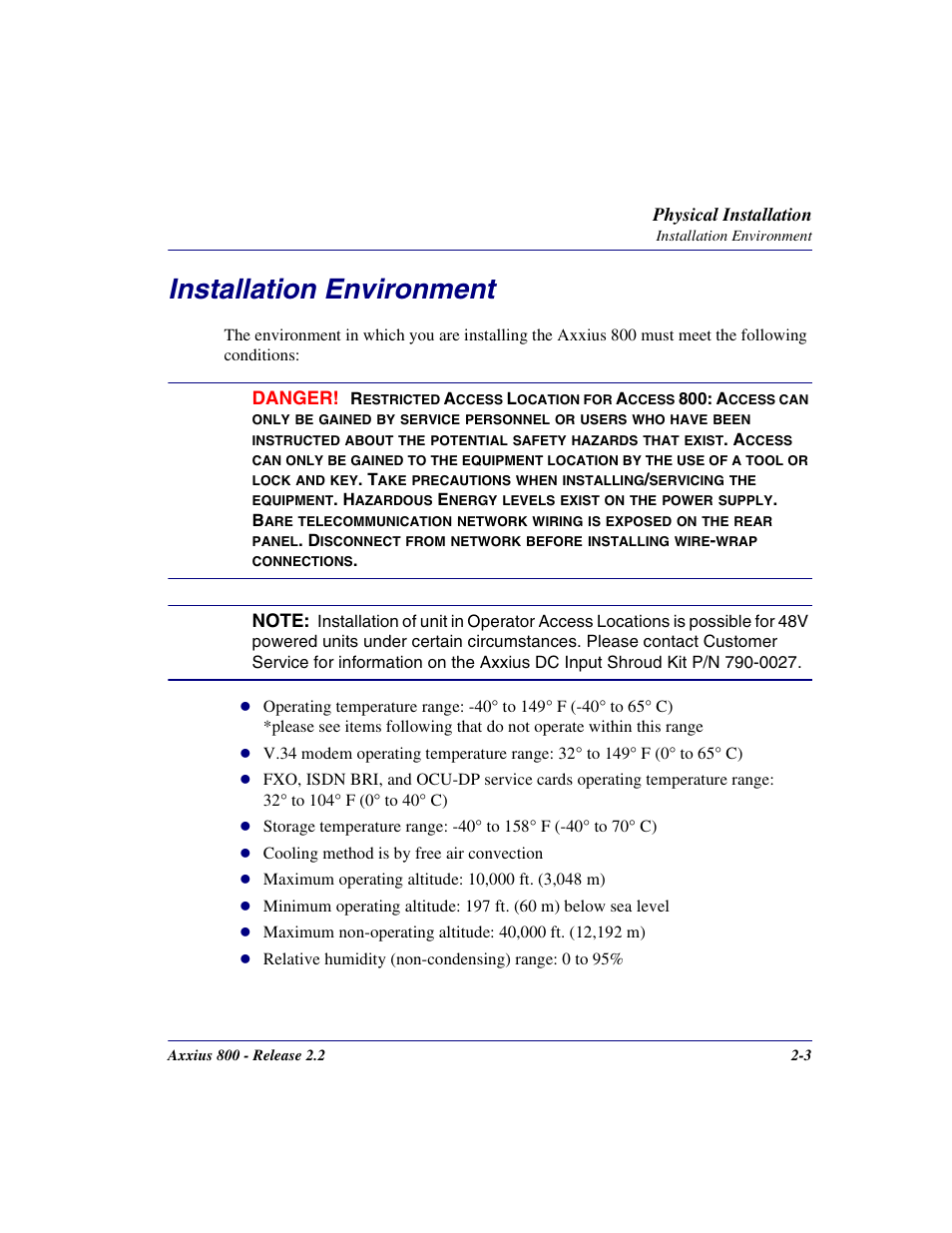 Installation environment, Installation environment -3 | Carrier Access Network Device Axxius 800 User Manual | Page 53 / 568