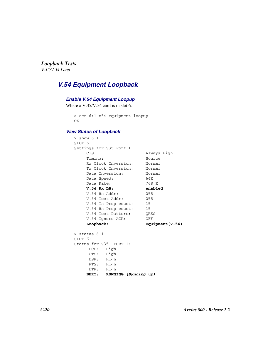 V.54 equipment loopback, Loopback tests | Carrier Access Network Device Axxius 800 User Manual | Page 530 / 568
