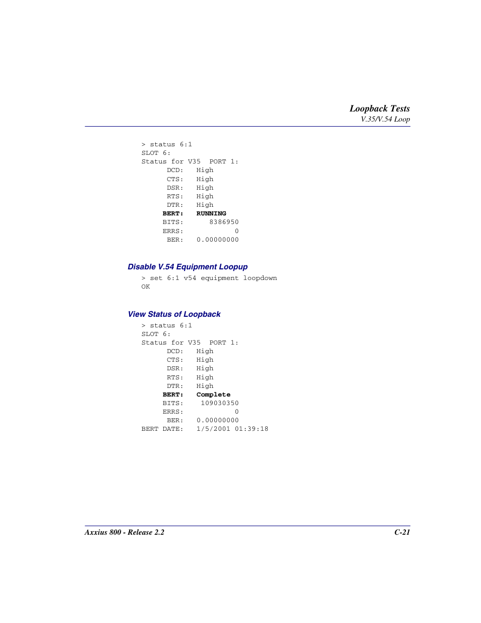 Loopback tests | Carrier Access Network Device Axxius 800 User Manual | Page 531 / 568