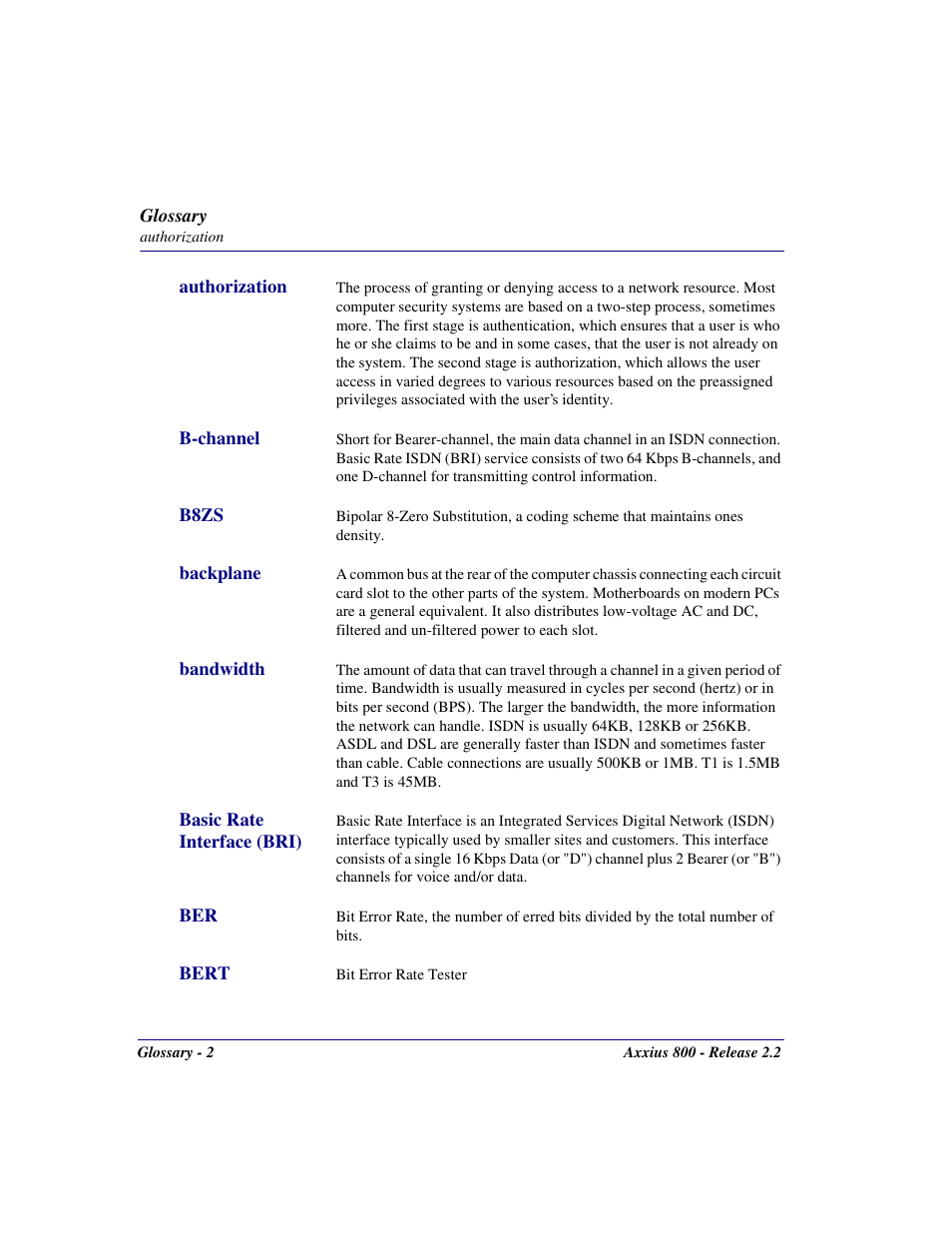 Authorization, B-channel, B8zs | Backplane, Bandwidth, Basic rate interface (bri), Bert | Carrier Access Network Device Axxius 800 User Manual | Page 534 / 568