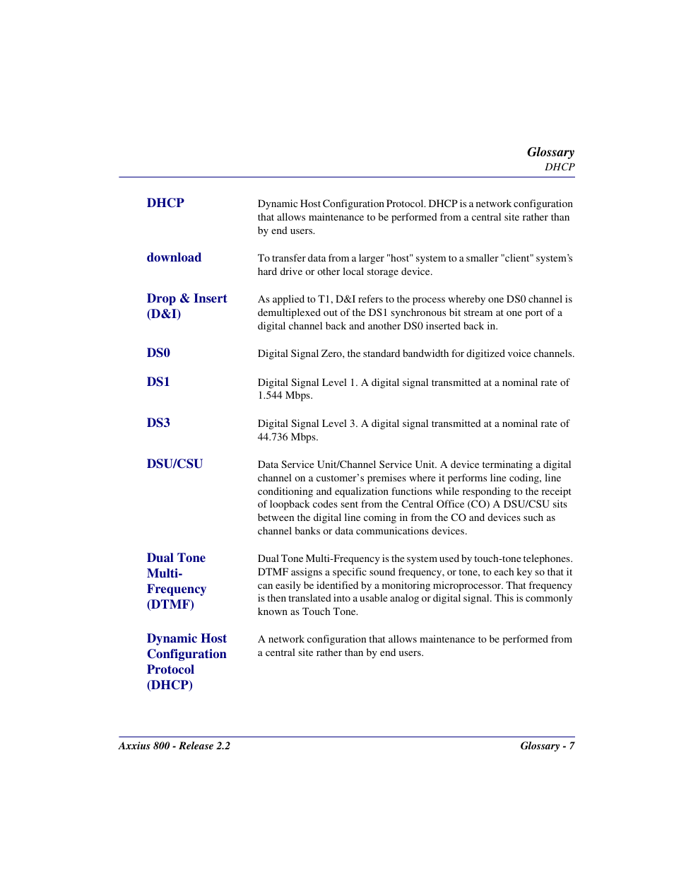 Dhcp, Download, Drop & insert (d&i) | Dsu/csu, Dual tone multi- frequency (dtmf), Dynamic host configuration protocol (dhcp) | Carrier Access Network Device Axxius 800 User Manual | Page 539 / 568