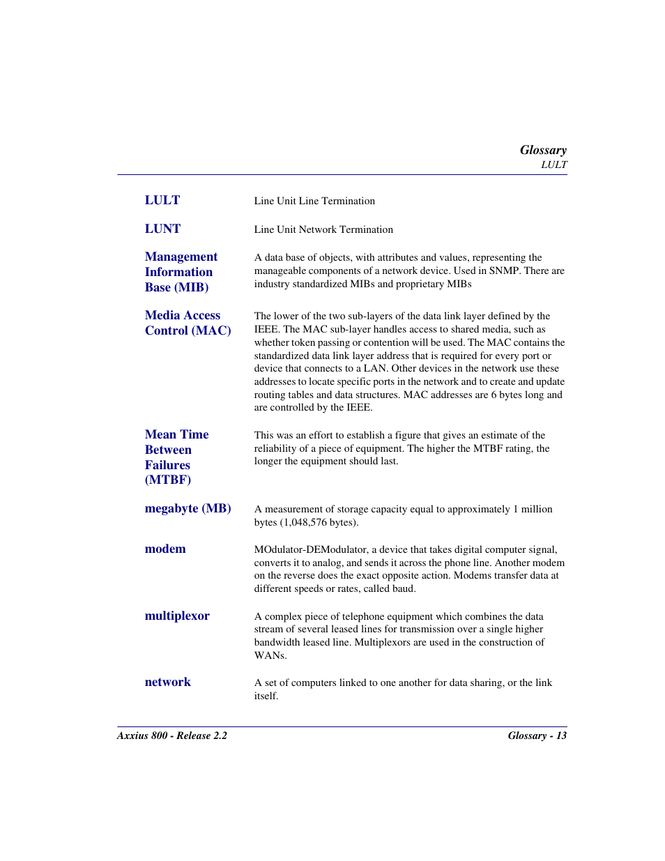 Lult, Lunt, Management information base (mib) | Media access control (mac), Mean time between failures (mtbf), Megabyte (mb), Modem, Multiplexor, Network | Carrier Access Network Device Axxius 800 User Manual | Page 545 / 568