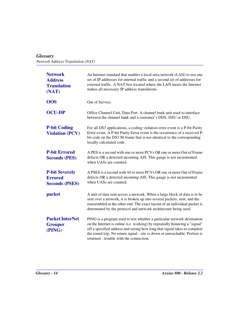 Network address translation (nat), Ocu-dp, P-bit coding violation (pcv) | P-bit errored seconds (pes), P-bit severely errored seconds (pses), Packet, Packet internet grouper (ping) | Carrier Access Network Device Axxius 800 User Manual | Page 546 / 568
